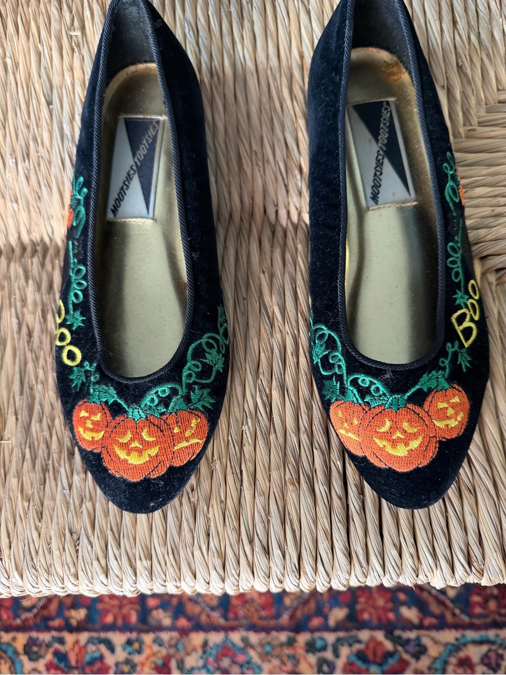 Mootsies Tootsies Black Velvet Flats with Orange Jack-O'-Lantern Embroidery